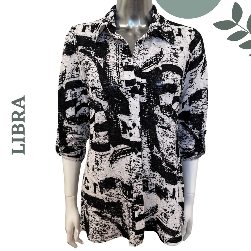 🛍️3/$40 Libra Graphic Black & White Tunic Button-Up Shirt | Made in Canada Sz XS